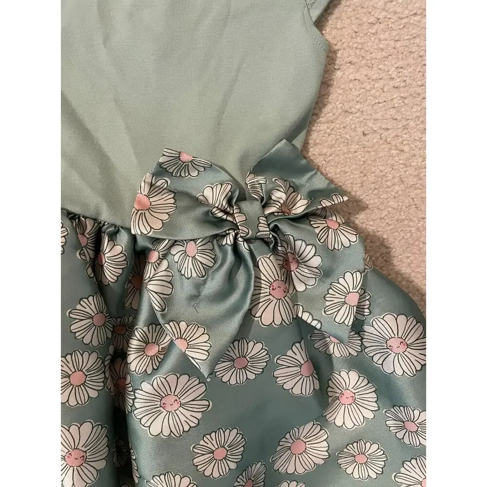 H&M Girls Green Floral Fit & Flare Dress Size 6X/7 6/7 Formal Daisy *Small Flaw